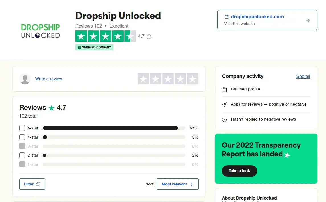 Dropship Unlocked Trustpilot Reviews