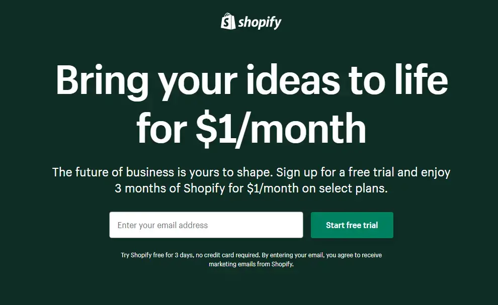 Shopify 3 Month Trial For 1$ Page