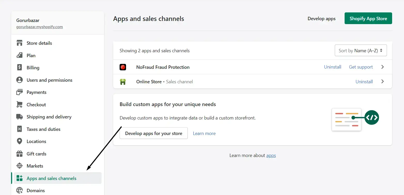 Shopify Apps And Sales Channel Section In Settings