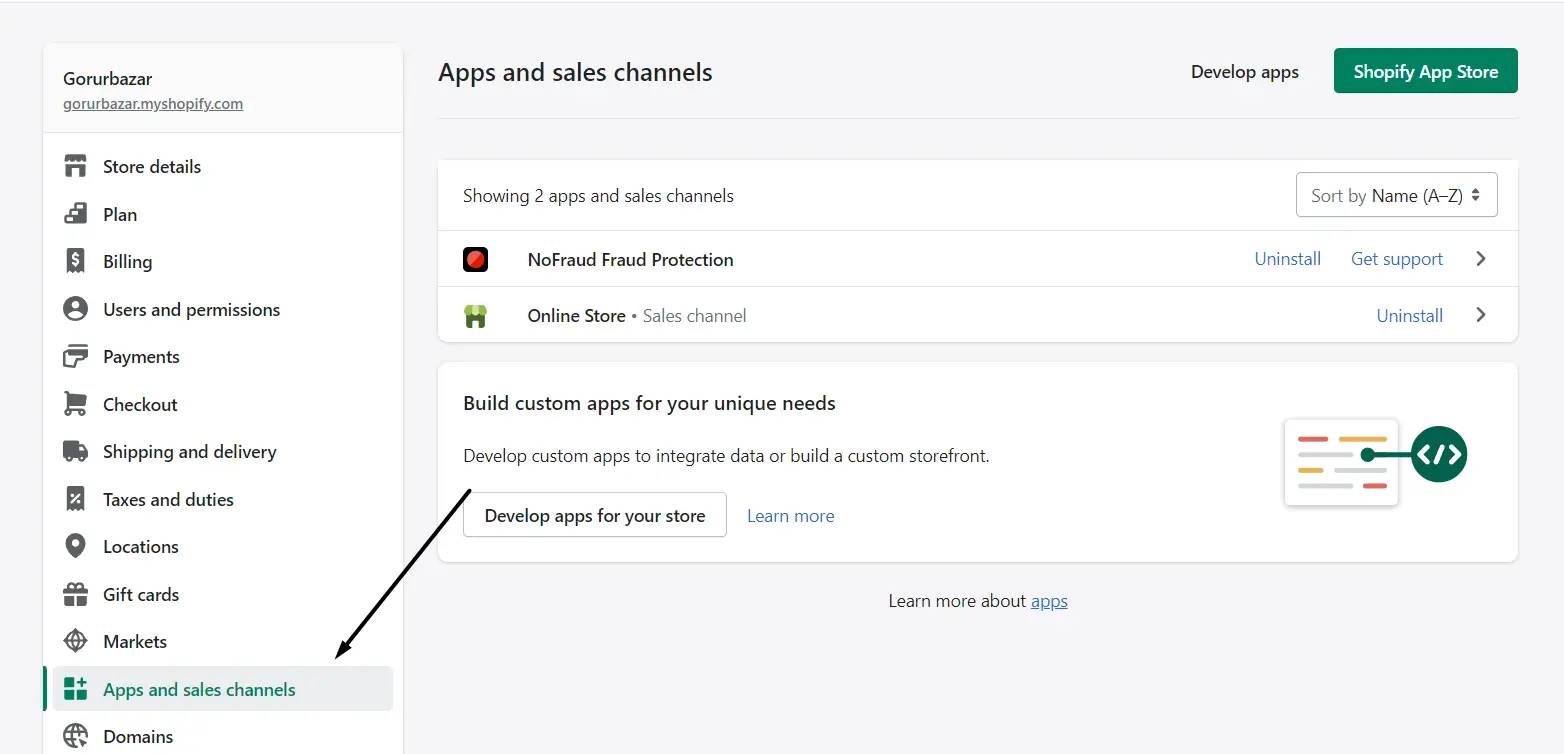 Shopify Apps And Sales Channel Section In Settings