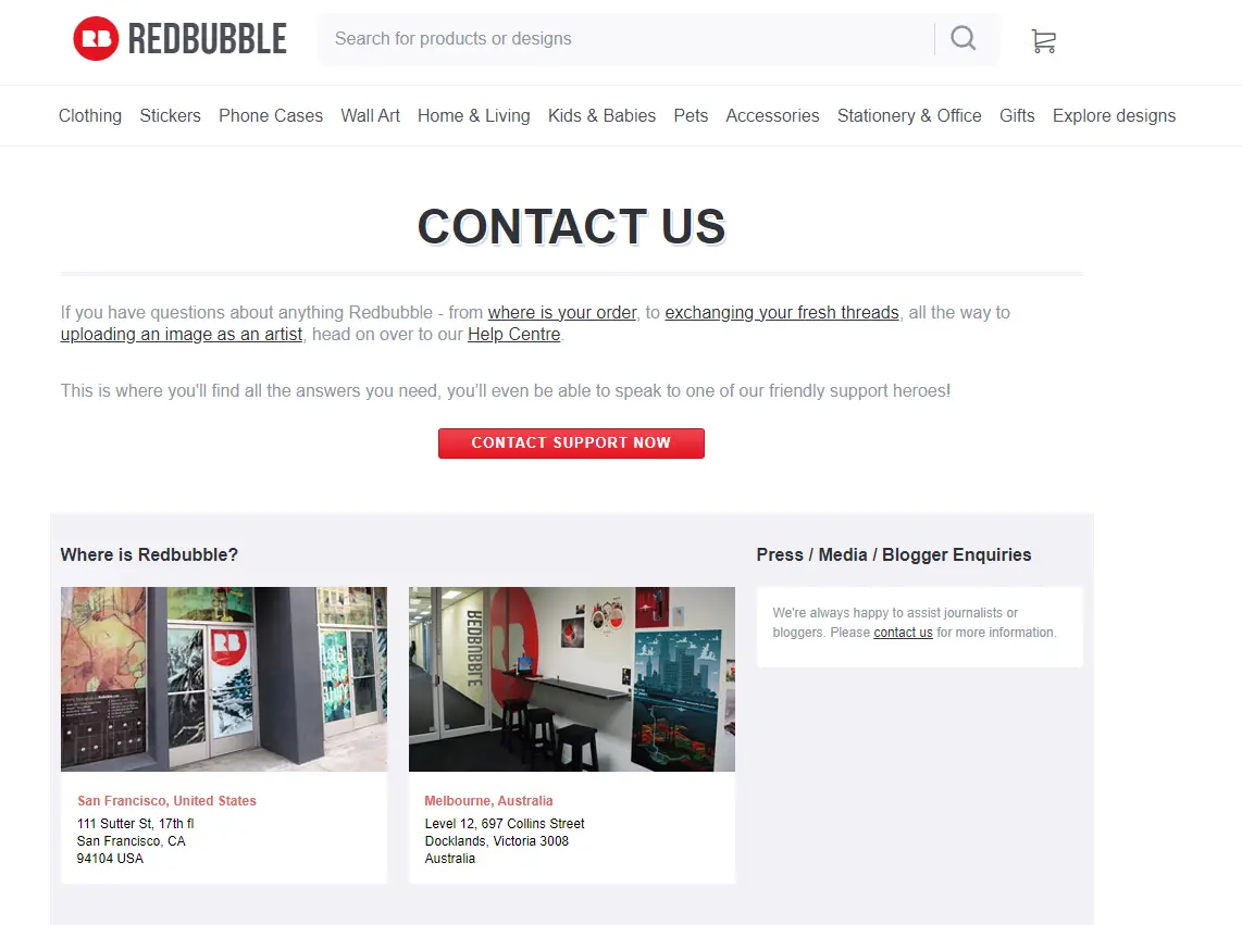 Redbubble Contact Us Page