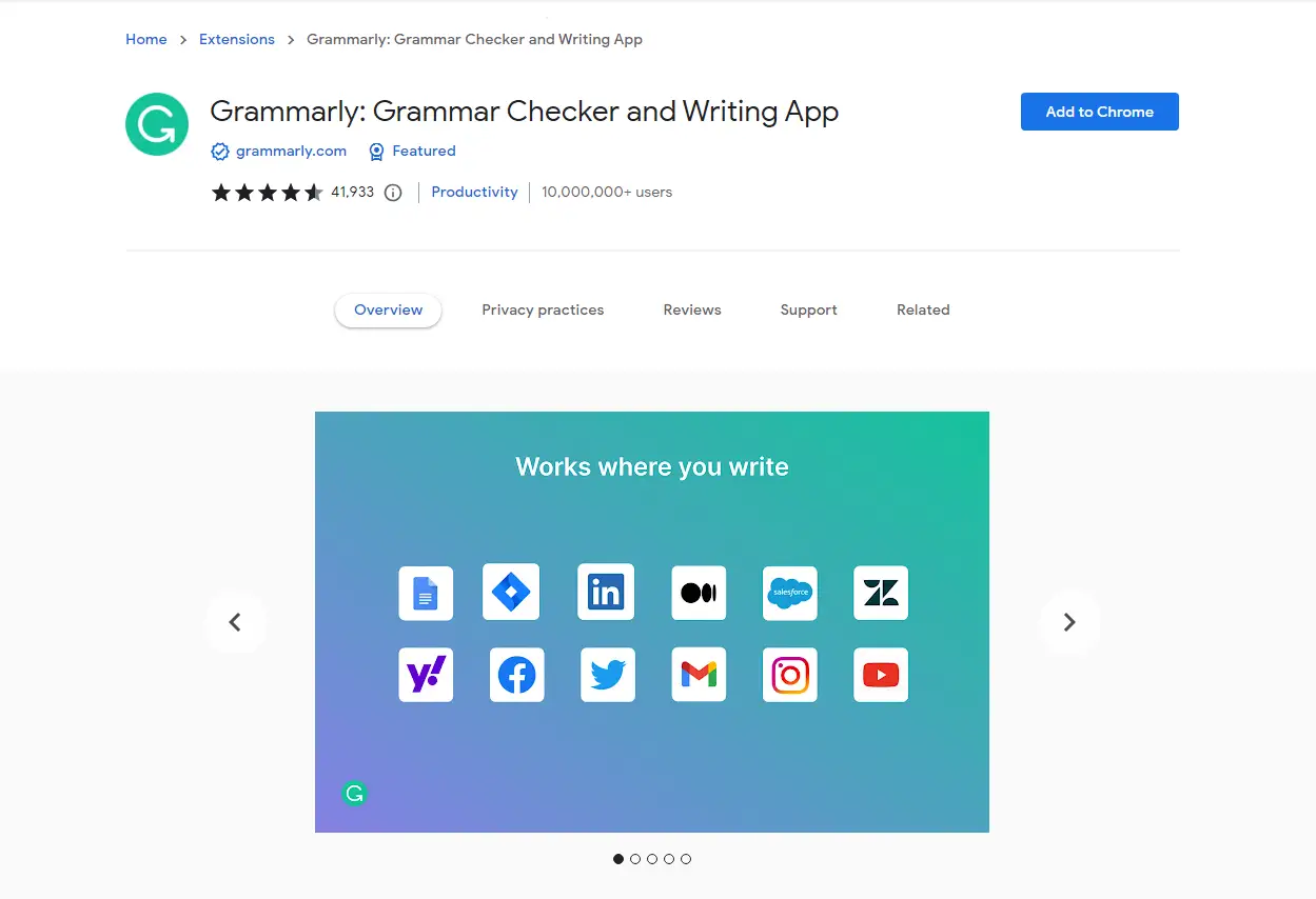 Grammarly Chrome Extension Page