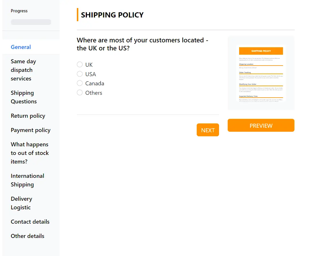 Shipping Policy Generator Interface