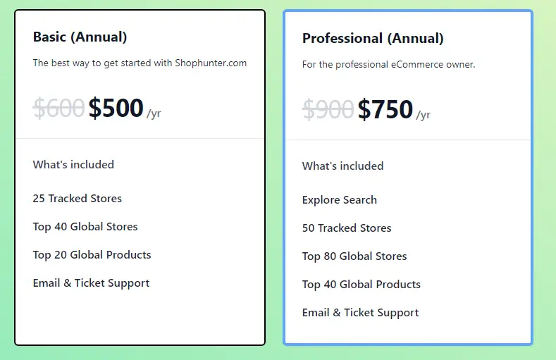 ShopHunter Yearly Pricing